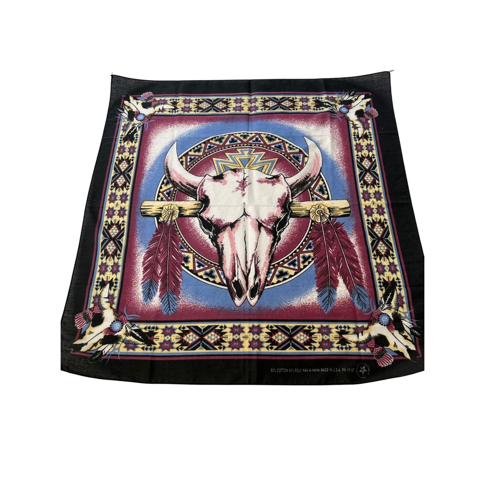 Vintage Hav-A-Hank Steer Skull Bandana Made in USA Western Southwestern Black